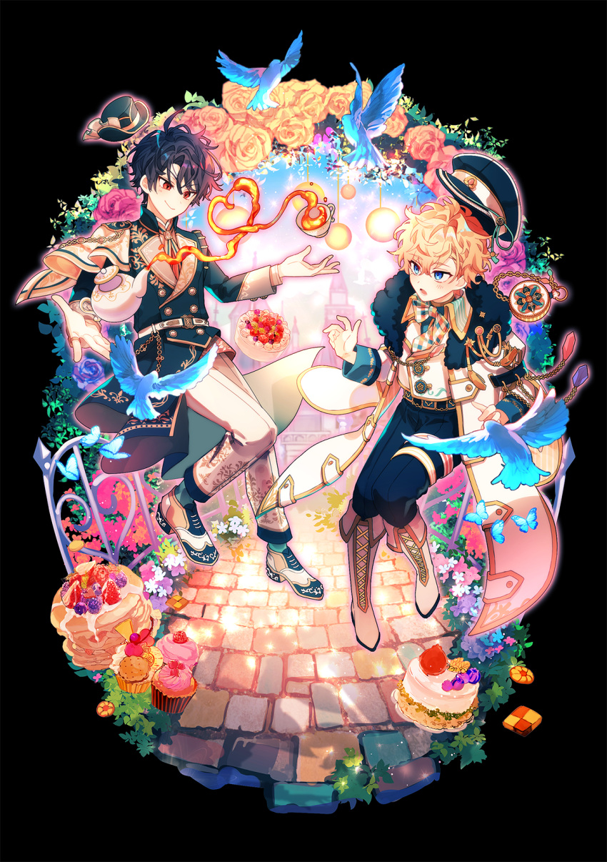 2boys, bird, black_background, black_hair, blonde_hair, blue_eyes, blush, closed_mouth