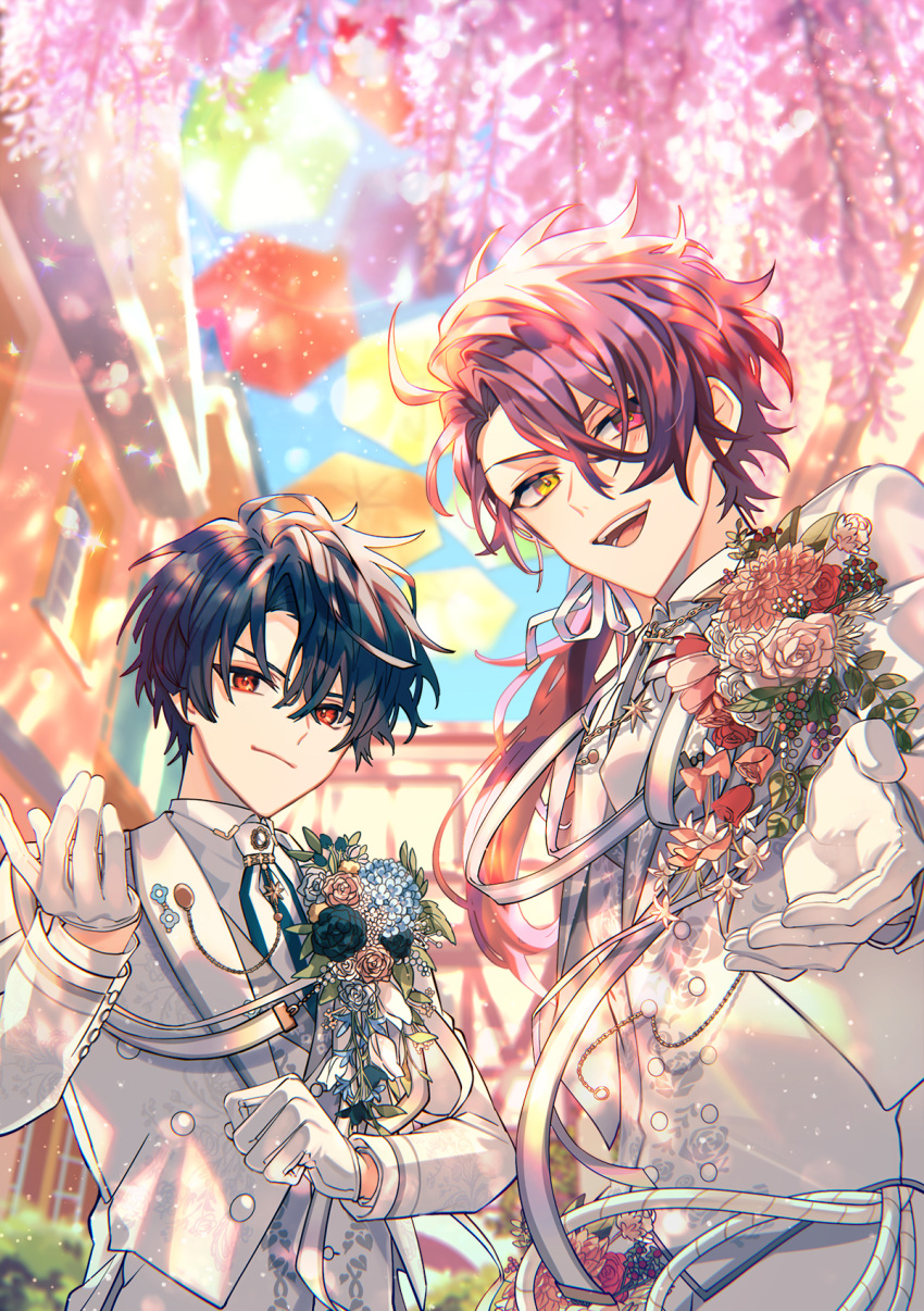 2boys, black_hair, bouquet, cain_knightley, closed_mouth, formal, heterochromia, highres