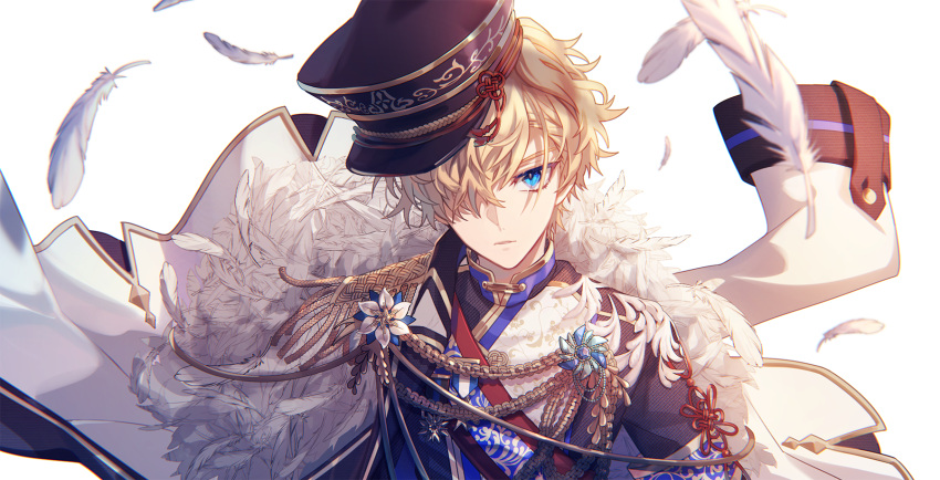 1girl, blonde_hair, blue_eyes, cape, closed_mouth, feathers, formal, hair_over_one_eye