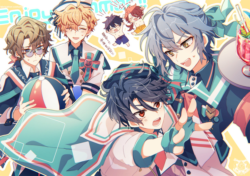 6+boys, akira_(male)_(mahoutsukai_no_yakusoku), ball, beachball, black_hair, blonde_hair, brown_hair, cain_knightley