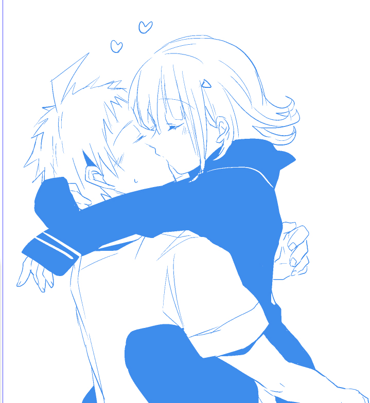 1boy, 1girl, ahoge, alternate_hair_ornament, bangs, blush, danganronpa_(series), danganronpa_2:_goodbye_despair, facing_another, flipped_hair, from_side, grey_background, heart, hetero, hinata_hajime, hood, hood_down, jacket, kiss, long_sleeves, medium_hair, nanami_chiaki, short_hair, short_sleeves, simple_background, sketch, suzuka_(rekkyo), sweatdrop, thigh-highs, triangle_hair_ornament, upper_body