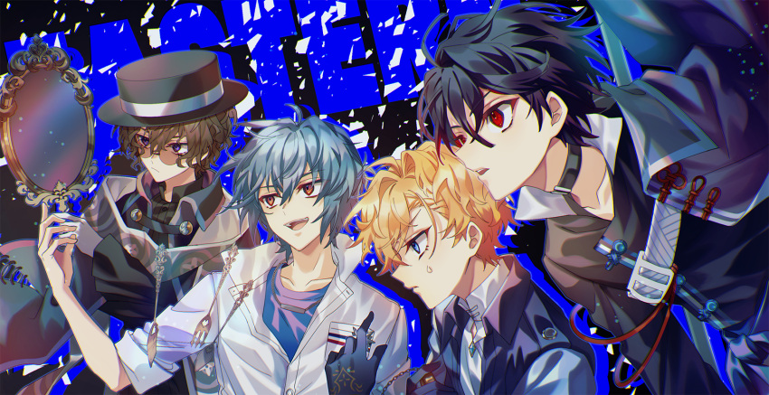 4boys, black_hair, blonde_hair, blue_eyes, blue_hair, brown_hair, closed_mouth, faust_lavinia
