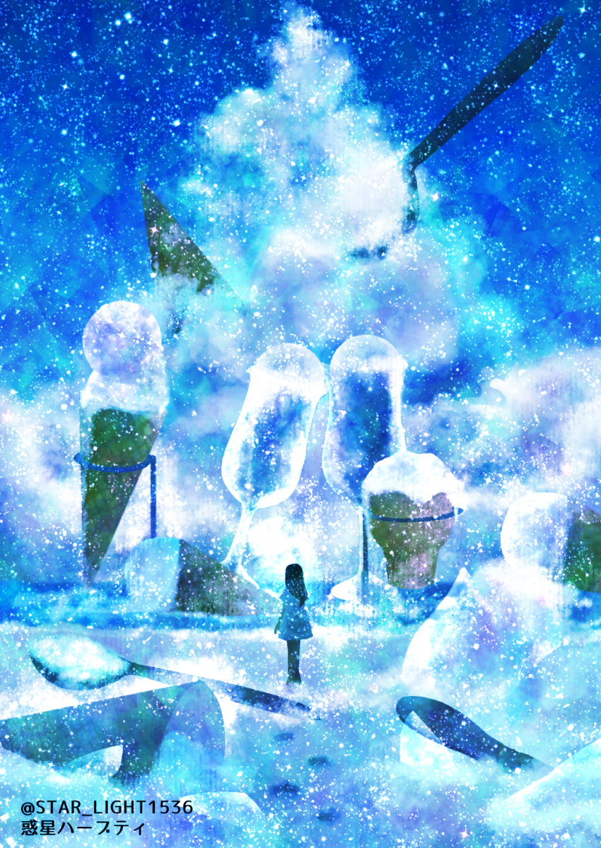1girl, artist_name, black_hair, clouds, cloudy_sky, cumulonimbus_cloud, day, dessert