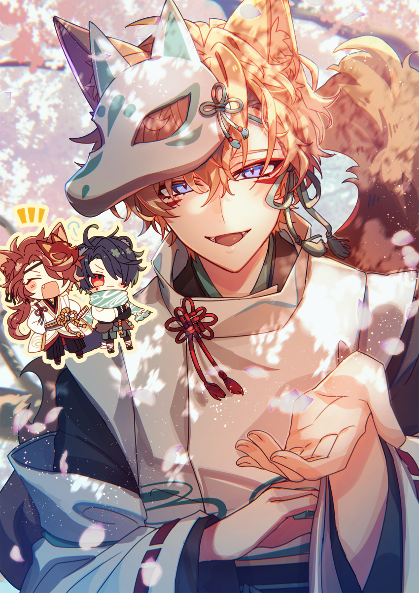 3boys, absurdres, animal_ears, black_hair, blonde_hair, blue_eyes, cain_knightley, chibi