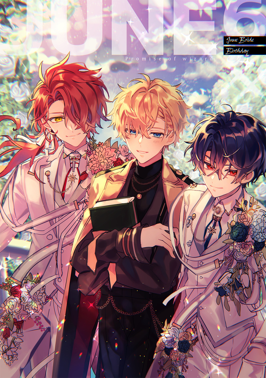 3boys, black_hair, blonde_hair, blue_eyes, blush, cain_knightley, closed_mouth, formal