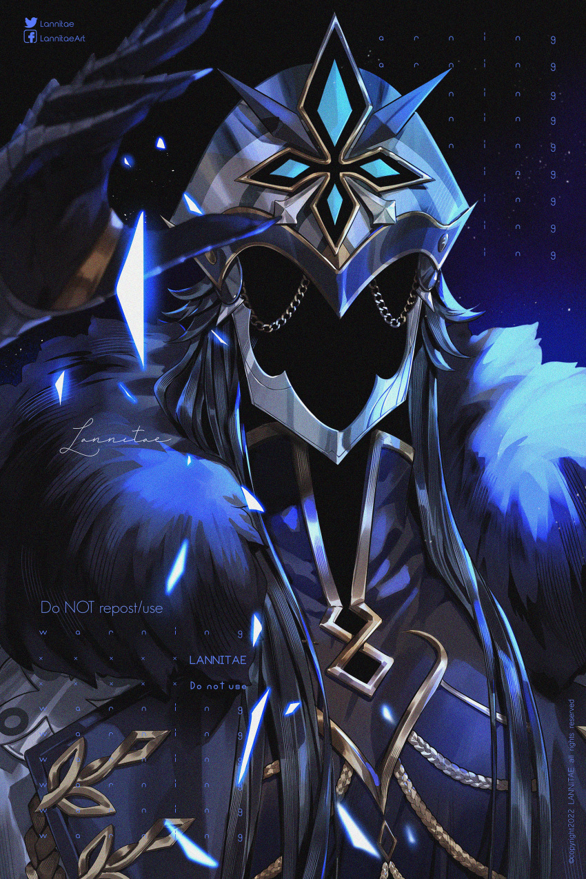 1boy, absurdres, aiguillette, black_hair, capitano_(genshin_impact), chain, coat, facebook_username, faceless, fur-trimmed_coat, fur_trim, genshin_impact, hand_up, hat, helmet, highres, lannitae, long_hair, male_focus, mask, mask_on_head, peaked_cap, signature, solo, twitter_username, upper_body, white_coat