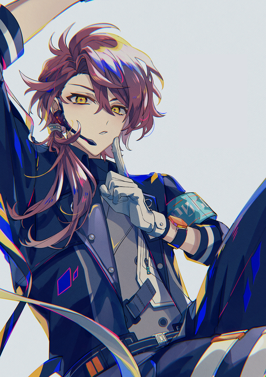 1boy, cain_knightley, finger_to_mouth, finger_to_own_chin, gloves, grey_background, highres, long_hair