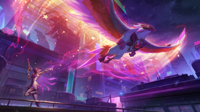 1girl, alternate_form, animal, artist_request, bow, building, city, colorful