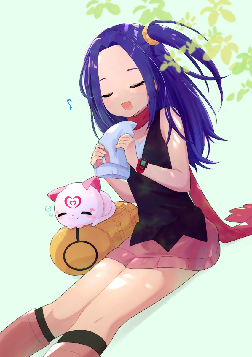 1girl, :d, absurdres, amesafu, aqua_background, black_shirt, black_socks, blush, boots, cat, closed_eyes, cosplay, dawn_(pokemon)_(cosplay), hair_intakes, hair_ornament, hair_scrunchie, hat, highres, hikari_(pokemon), holding, holding_clothes, holding_hat, hummy_(suite_precure), knee_boots, kurokawa_eren, long_hair, miniskirt, music, musical_note, open_mouth, pink_footwear, pink_skirt, pokemon, precure, purple_hair, scrunchie, shiny, shiny_hair, shirt, side_ponytail, singing, sitting, skirt, sleeveless, sleeveless_shirt, smile, socks, solo, suite_precure, toyoguchi_megumi, voice_actor_connection, yellow_eyes, yellow_scrunchie