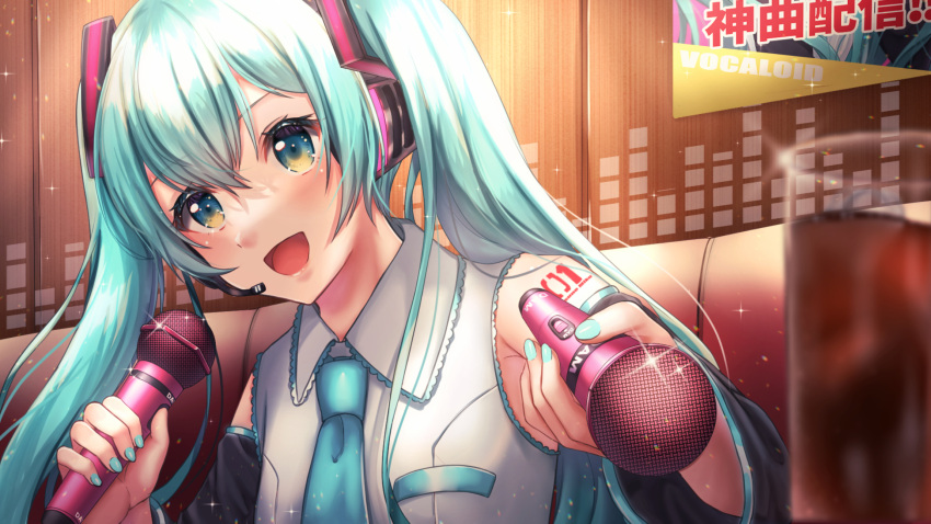 1girl, :d, arm_tattoo, bangs, black_sleeves, blue_eyes, blue_hair, blue_nails, blue_necktie, breast_pocket, collared_shirt, detached_sleeves, hair_between_eyes, hatsune_miku, headphones, headset, highres, holding, holding_microphone, indoors, karaoke_box, long_hair, long_sleeves, microphone, nail_polish, necktie, nei_(aduma1120ponpon), number_tattoo, open_mouth, pocket, shiny, shiny_hair, shirt, sleeveless, sleeveless_shirt, smile, solo, sparkle, tattoo, twintails, upper_body, vocaloid, white_shirt, wing_collar