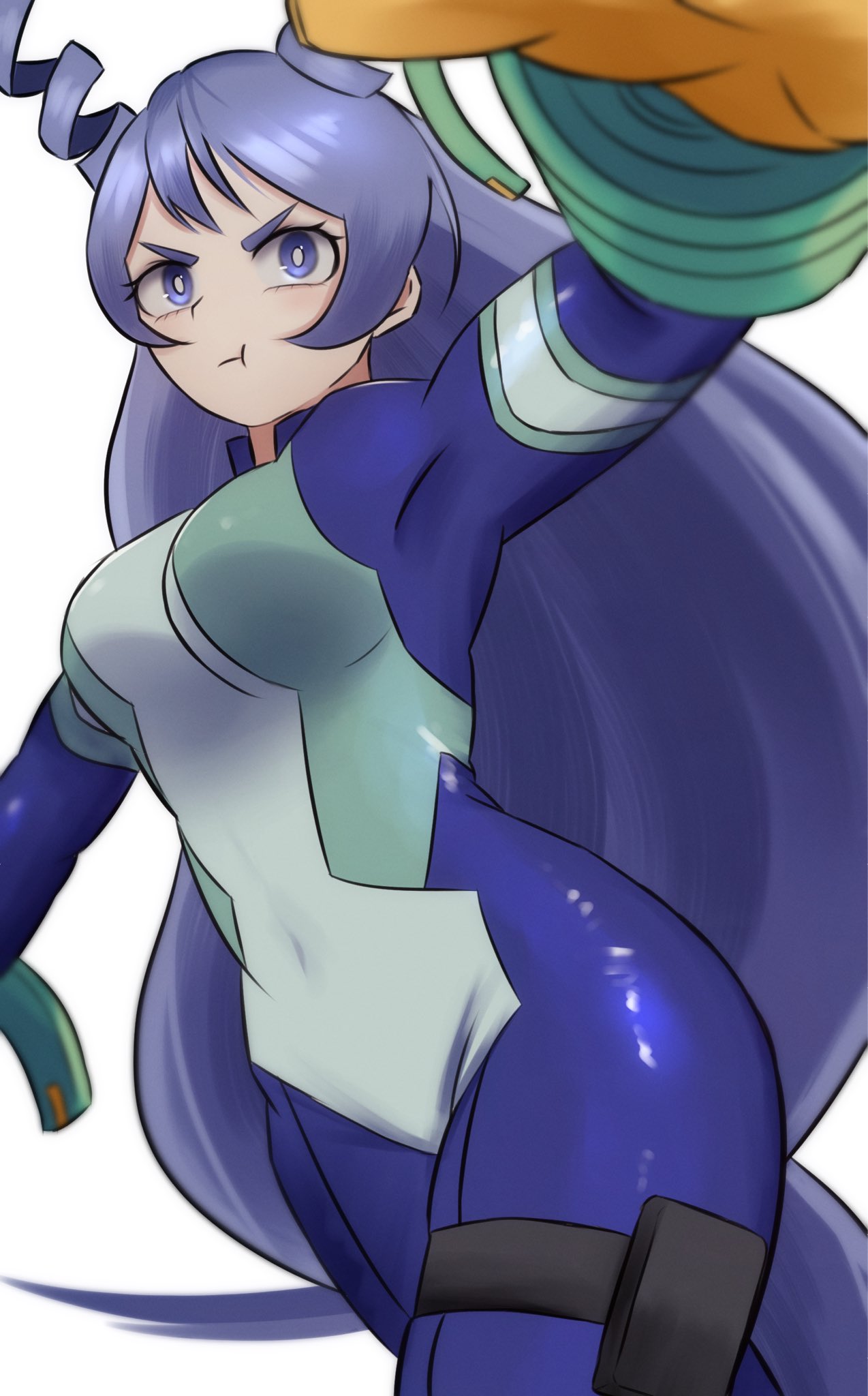 1girl, antenna_hair, armpits, blue_eyes, blue_hair, boku_no_hero_academia, breasts, crotch, gloves, groin, hadou_nejire, highres, hyakki_non, large_breasts, long_hair, navel, pout, pouty_lips, simple_background, solo, stomach, thighs, tight, white_background