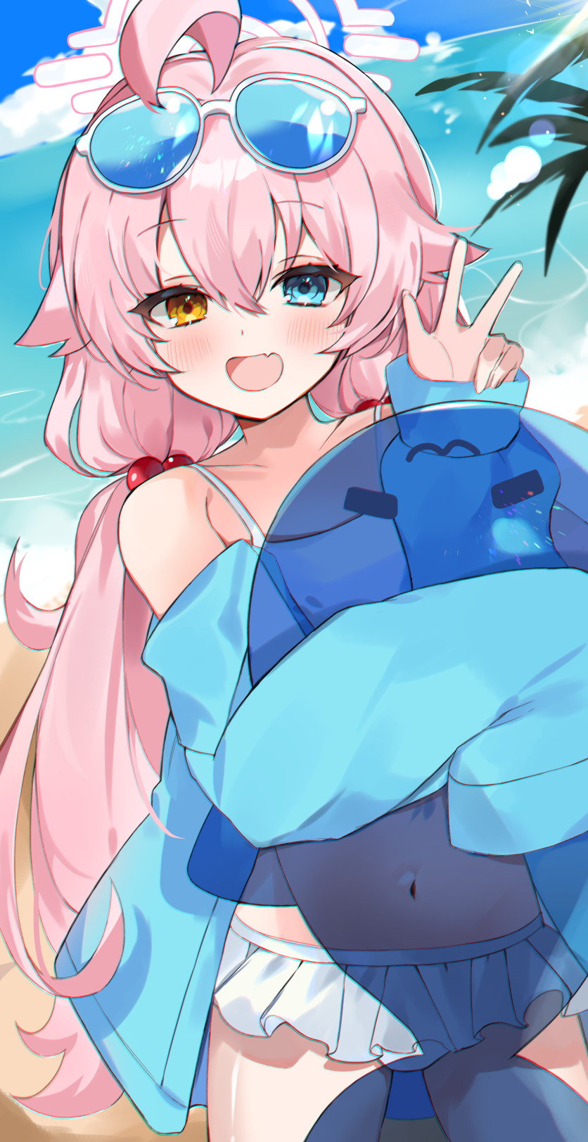 1girl, :p, arm_up, beach, bikini, blue_archive, blue_eyes, blue_jacket