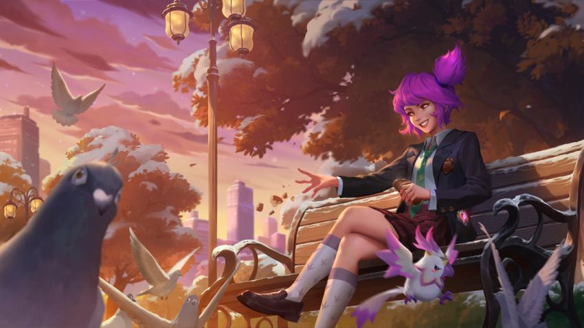1girl, alternate_costume, animal, artist_request, bench, bird, black_jacket, blurry