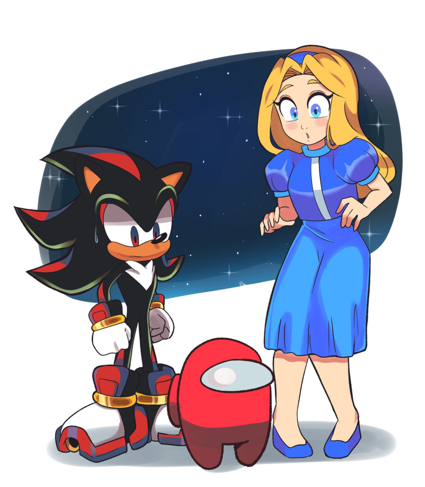 1boy, 1girl, among_us, bbycheese, blonde_hair, blue_dress, blue_eyes, blue_footwear