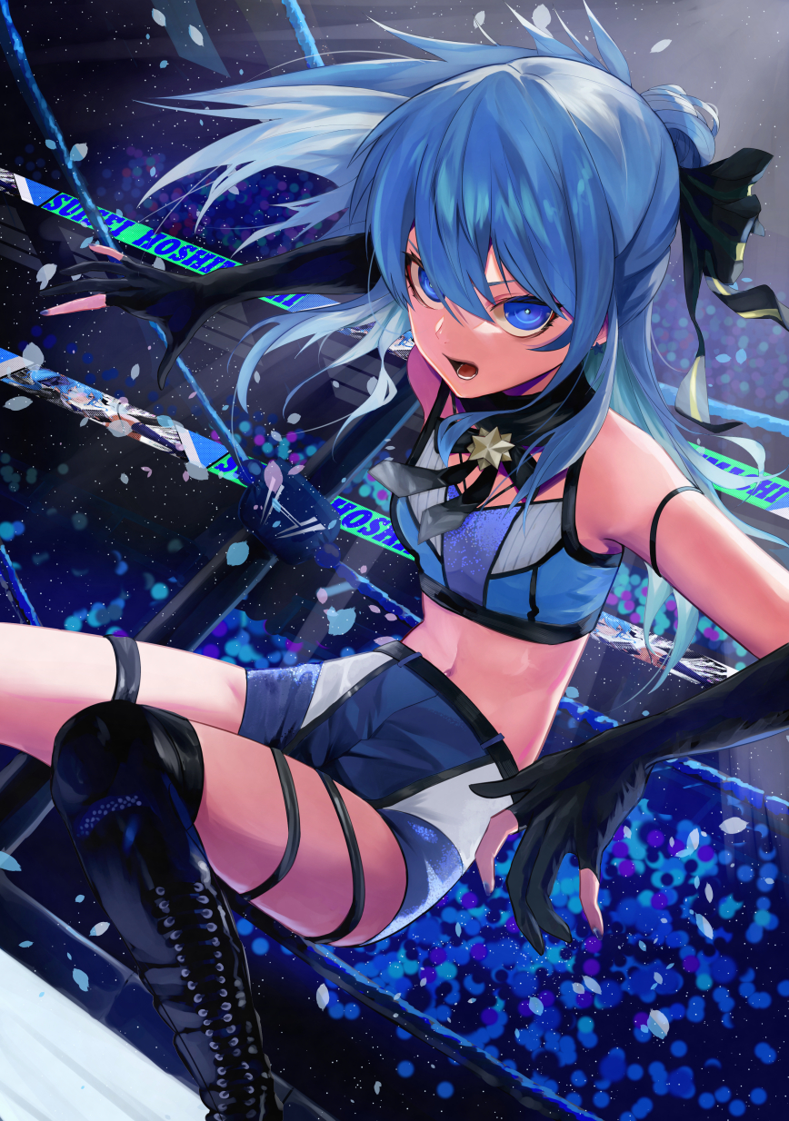 1girl, blue_eyes, blue_hair, blue_nails, boots, crop_top, elbow_gloves, gloves