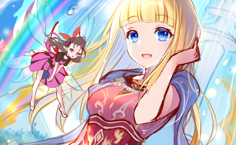 2girls, black_hair, blonde_hair, blue_eyes, breasts, brownie_(saga), cape, dress