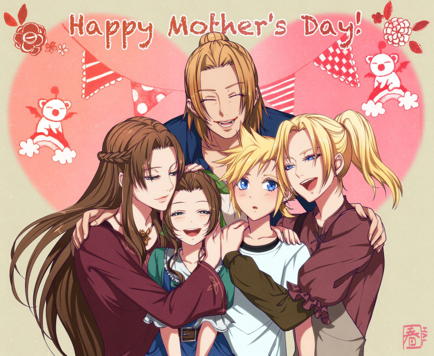 1boy, 4girls, aerith_gainsborough, apron, arm_around_shoulder, bangs, belt, blonde_hair, blue_eyes, blue_overalls, blue_shirt, blush, braid, brown_hair, claudia_strife, closed_eyes, cloud_strife, dress, elmyra_gainsborough, final_fantasy, final_fantasy_vii, final_fantasy_vii_remake, green_dress, green_eyes, green_ribbon, hair_bun, halu-ca, hand_on_another's_head, highres, ifalna, jewelry, long_hair, long_sleeves, low_ponytail, lower_teeth, mature_female, moogle, mother's_day, mother_and_daughter, mother_and_son, multiple_girls, necklace, open_mouth, overalls, parted_bangs, parted_lips, pink_dress, ponytail, puffy_short_sleeves, puffy_sleeves, ribbon, shirt, short_hair, short_sleeves, sidelocks, smile, straight_hair, teeth, upper_body, upper_teeth, wavy_hair, white_shirt