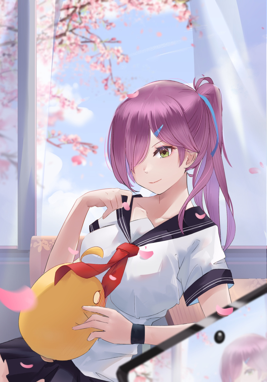 1girl, absurdres, azur_lane, black_sailor_collar, black_skirt, blue_ribbon, blue_sailor_collar, blush, breasts, cherry_blossoms, classroom, fanchexingxianyu, green_eyes, hair_over_one_eye, hair_ribbon, high_ponytail, highres, indoors, large_breasts, light_smile, long_hair, looking_at_viewer, manjuu_(azur_lane), miniskirt, neckerchief, official_alternate_costume, pleated_skirt, ponytail, purple_hair, red_neckerchief, ribbon, sailor_collar, school_uniform, shirt, short_sleeves, sitting, skirt, solo, trieste_(azur_lane), trieste_(rooftop_lunch_break)_(azur_lane), white_shirt