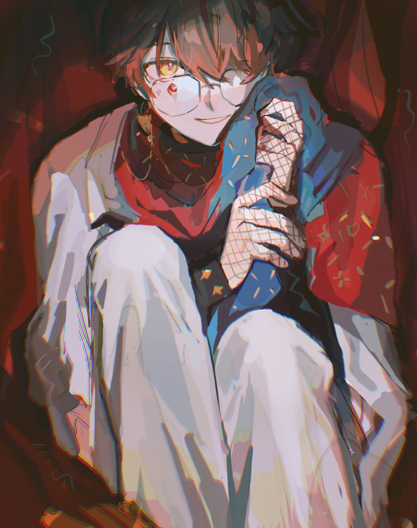 0021, 1boy, absurdres, alternate_color, bangs, black_hair, blue_scarf, fishnet_gloves