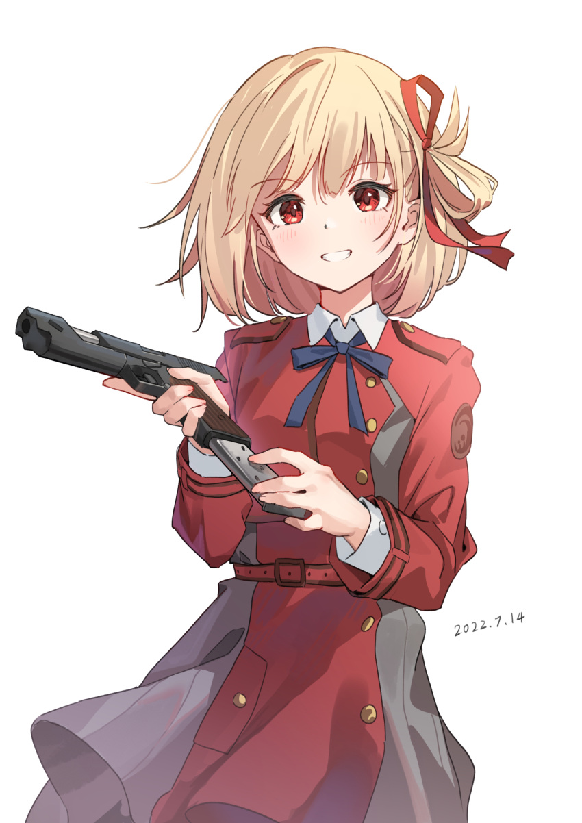 bangs, blonde_hair, blue_ribbon, bob_cut, collared_shirt, dress, grey_dress, gun