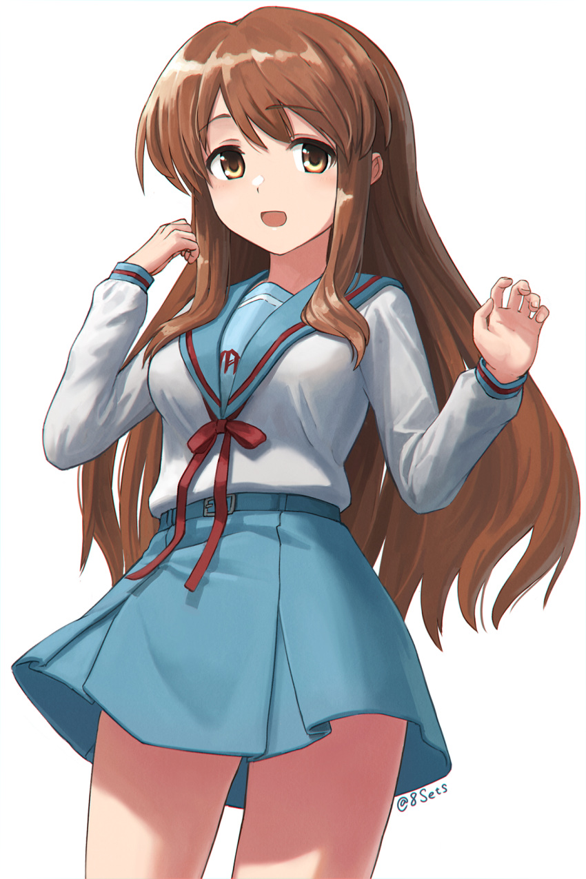 1girl, 8sets, artist_name, asahina_mikuru, bangs, blue_sailor_collar, blue_skirt, brown_hair
