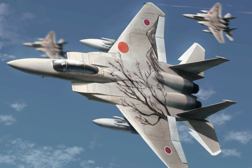 aircraft, airplane, blurry, blurry_background, cherry_blossom_print, f-15j_eagle, fighter_jet, floral_print
