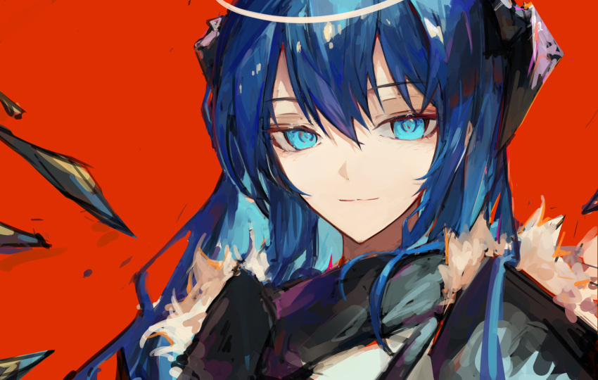 1girl, arknights, black_jacket, black_wings, blue_eyes, blue_hair, demon_horns, detached_wings, energy_wings, fur-trimmed_jacket, fur_trim, hair_between_eyes, halo, highres, horns, jacket, lch, light_smile, long_hair, looking_at_viewer, mostima_(arknights), portrait, red_background, simple_background, solo, wings