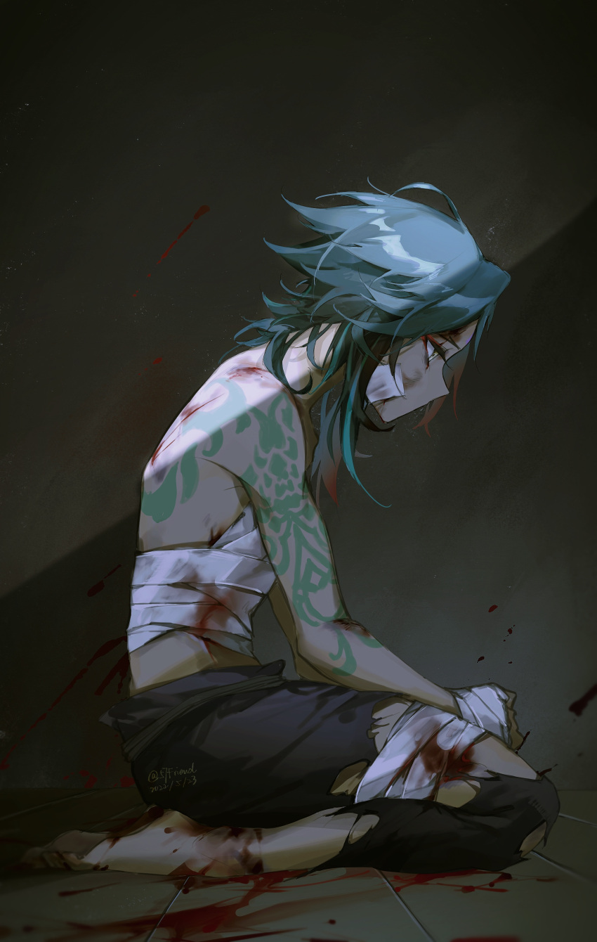 1boy, 57friend, abs, bandage_on_face, bandages, barefoot, blood, blood_on_arm