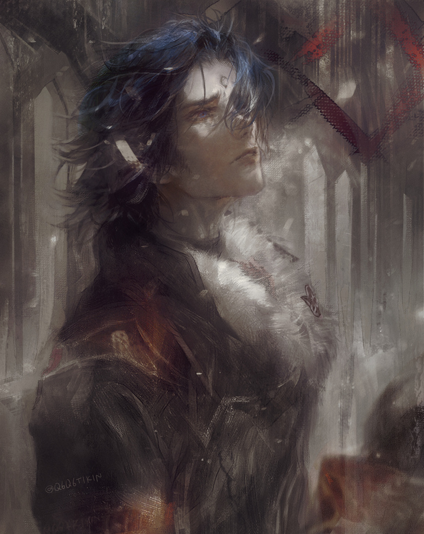 1boy, arch, black_coat, blue_eyes, blue_hair, brown_background, coat, faux_traditional_media, final_fantasy, final_fantasy_xiv, floating_hair, from_side, fur-trimmed_coat, fur_trim, furrowed_brow, garlean, hair_over_one_eye, highres, jullus_pyr_norbanus, looking_up, male_focus, one_eye_covered, parted_lips, q6q6tikin, realistic, short_hair, signature, snowing, solo, third_eye, twitter_username, upper_body