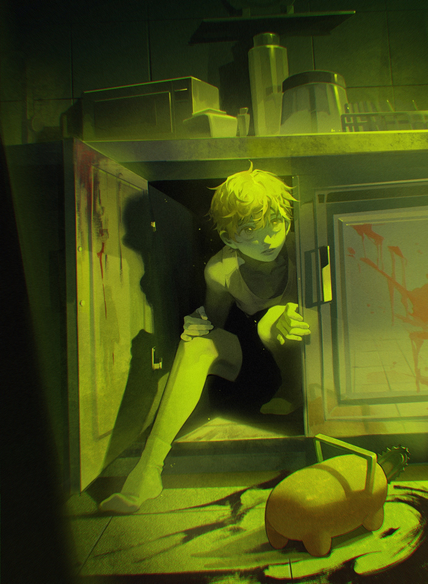1boy, absurdres, bangs, black_shorts, blonde_hair, blood, blood_splatter, chainsaw