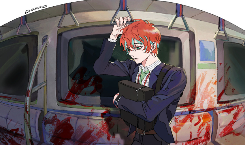 1boy, ambiguous_red_liquid, bags_under_eyes, bangs, blue_eyes, briefcase, collared_shirt, formal