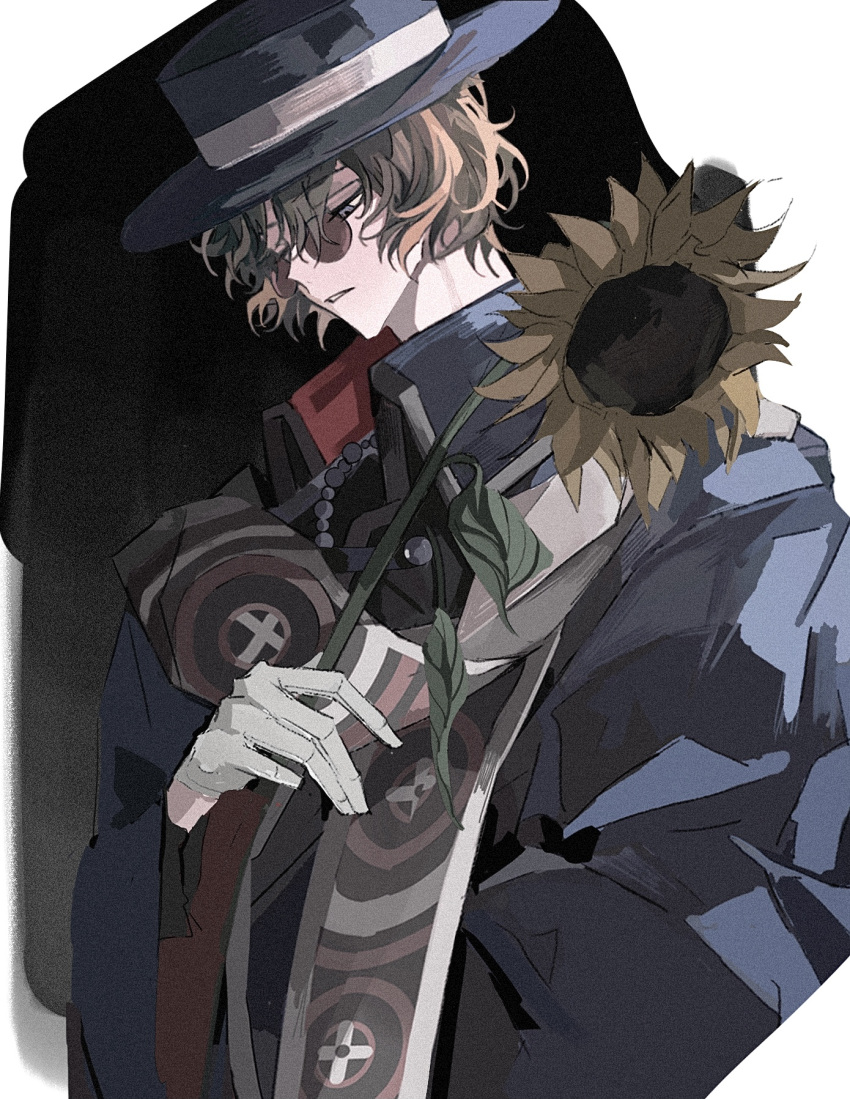 1boy, brown_hair, coat, faust_lavinia, flower, glasses, grey_eyes, hat, highres, holding, holding_flower, krank, long_sleeves, looking_down, mahoutsukai_no_yakusoku, male_focus, parted_lips, short_hair, solo, sunflower, teeth, wavy_hair