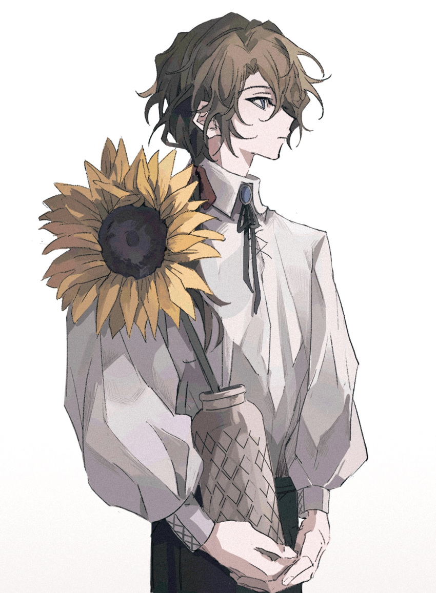 1boy, brown_hair, closed_mouth, facing_to_the_side, faust_lavinia, flower, hair_ribbon, highres