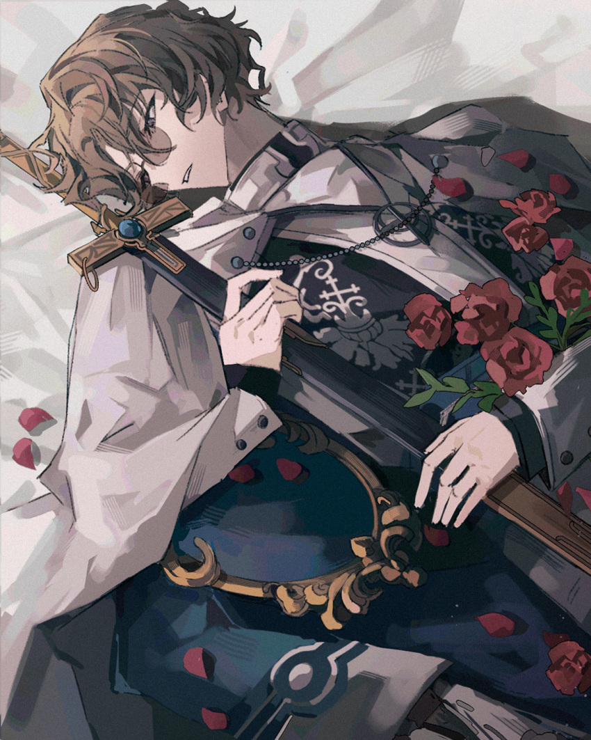 1boy, bed_sheet, brown_hair, cross, faust_lavinia, flower, glasses, highres