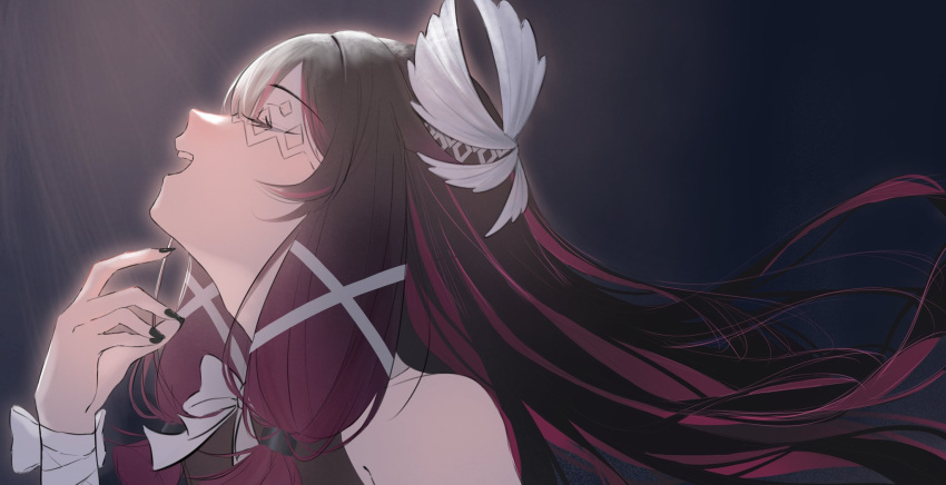 1girl, bangs, bare_shoulders, black_hair, black_nails, blunt_bangs, bow, closed_eyes