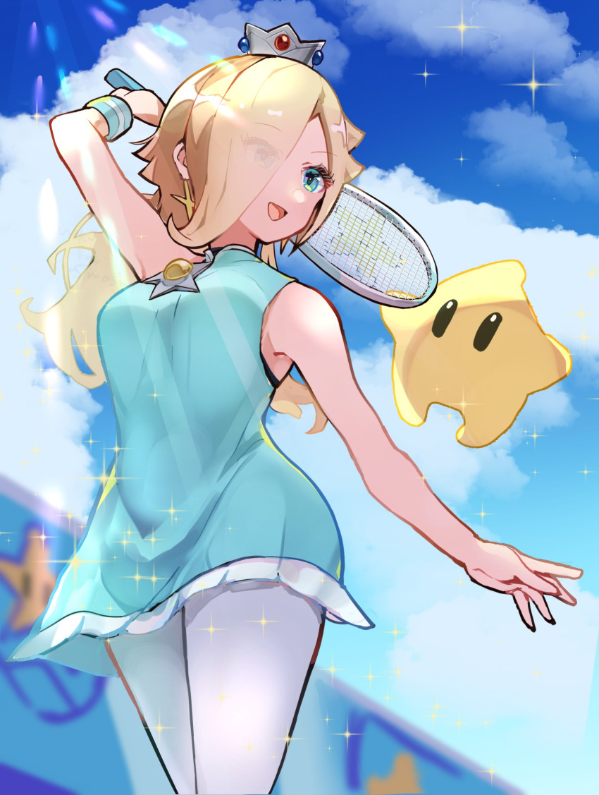1girl, :d, bare_shoulders, blonde_hair, blue_dress, blue_eyes, blue_sky, brooch