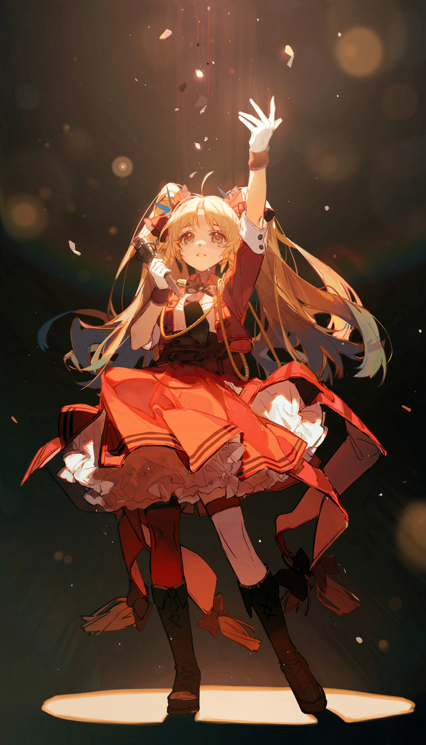 1girl, absurdres, ahoge, arknights, arm_up, black_bow, black_bowtie, black_footwear, black_necktie, boots, bow, bowtie, ciloranko, dress, full_body, gloves, highres, holding, holding_microphone, jacket, long_hair, long_sleeves, microphone, mole, mole_under_eye, necktie, official_alternate_costume, open_clothes, open_jacket, orange_dress, orange_eyes, orange_hair, parted_lips, pinecone_(arknights), pinecone_(sing_a_song)_(arknights), red_jacket, red_thighhighs, single_thighhigh, sleeves_past_wrists, solo, standing, thigh-highs, twintails, white_gloves