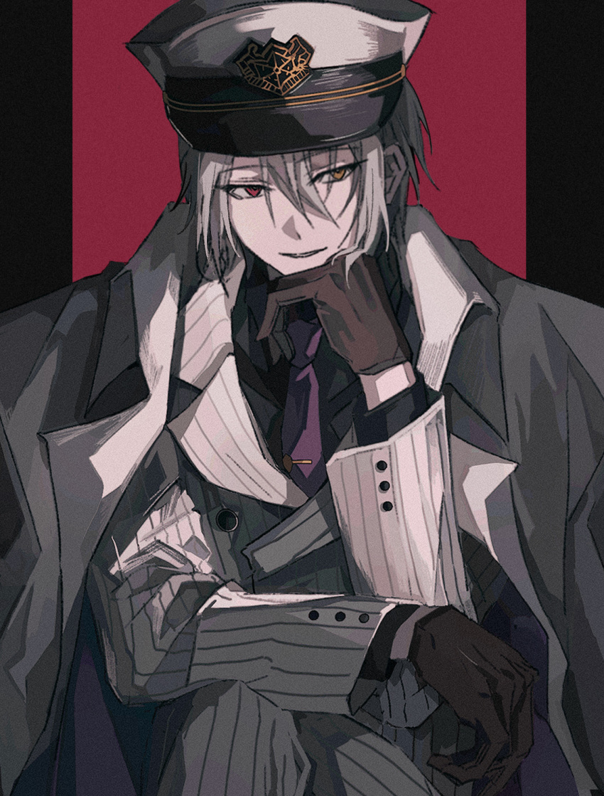 1boy, black_background, gloves, hat, heterochromia, highres, krank, long_sleeves