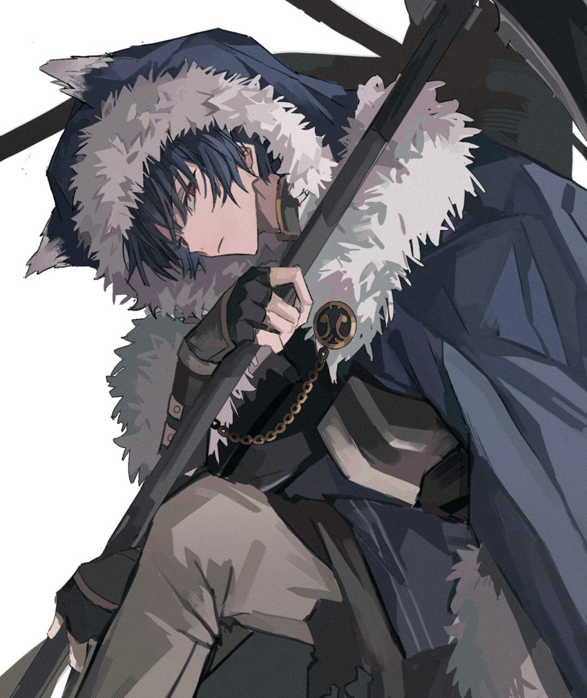 1boy, animal_hood, black_hair, fingerless_gloves, fur_trim, gloves, highres, holding, holding_weapon, hood, krank, long_sleeves, mahoutsukai_no_yakusoku, male_focus, pants, red_eyes, scythe, shino_sherwood, short_hair, solo, weapon, white_background, wolf_hood