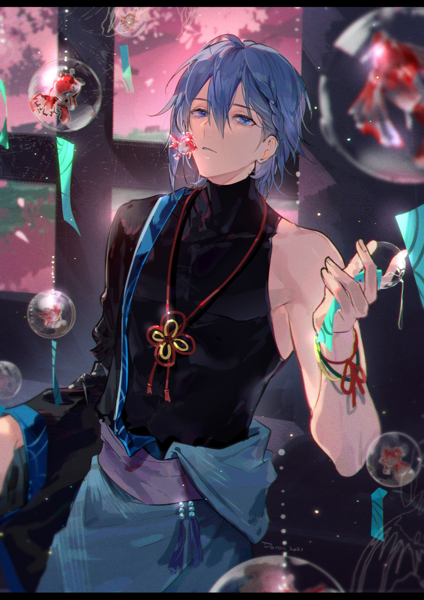 1boy, absurdres, alternate_costume, architecture, bishounen, blue_eyes, blue_hair, blurry, braid, chain, chinese_knot, depth_of_field, dorandoran, east_asian_architecture, film_grain, glint, highres, idolish_7, japanese_clothes, koi, long_sleeves, looking_at_viewer, male_focus, semi-transparent, short_hair, side_braid, solo, sparkle, tassel, upper_body, wind_chime, yotsuba_tamaki