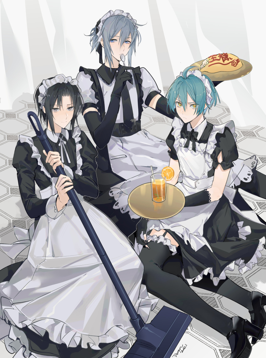 3boys, absurdres, alternate_costume, apron, bishounen, blue_eyes, blue_hair, bread