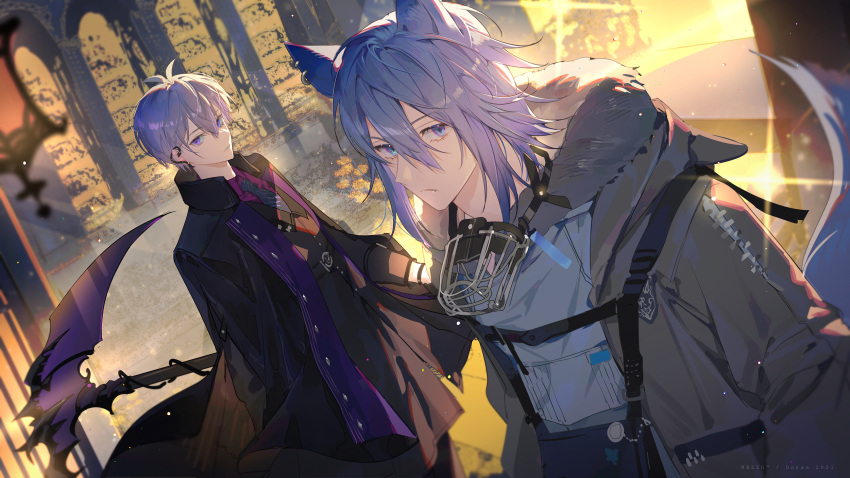 2boys, ahoge, animal_ears, bishounen, blue_eyes, blue_hair, diffraction_spikes, dorandoran