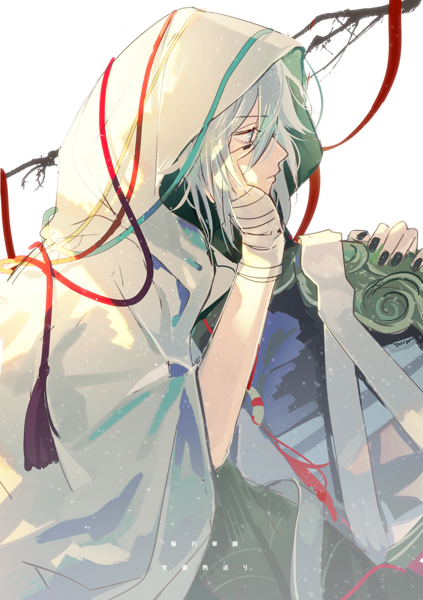 1boy, absurdres, bandaged_arm, bandages, bishounen, black_nails, blue_eyes, blue_hair