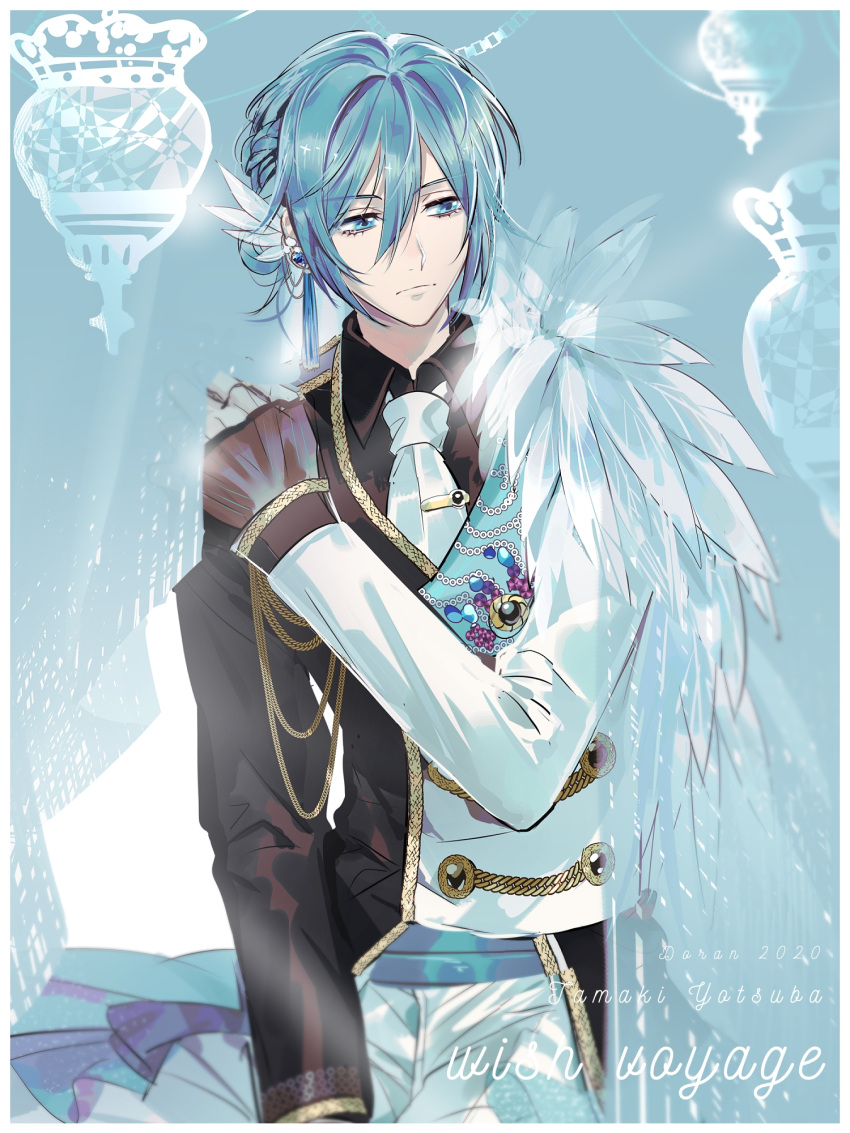1boy, bishounen, blue_hair, blurry, depth_of_field, dorandoran, earrings, formal