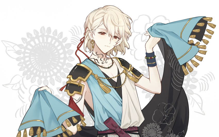 1boy, absurdres, alternate_costume, bishounen, blonde_hair, bracelet, earrings, highres, holding, holding_clothes, idolish_7, jewelry, looking_at_viewer, male_focus, natsume_minami, necklace, red_eyes, short_hair, solo, tassel, tattoo, tattoo_on_neck, traditional_clothes, upper_body, zheyizheyi