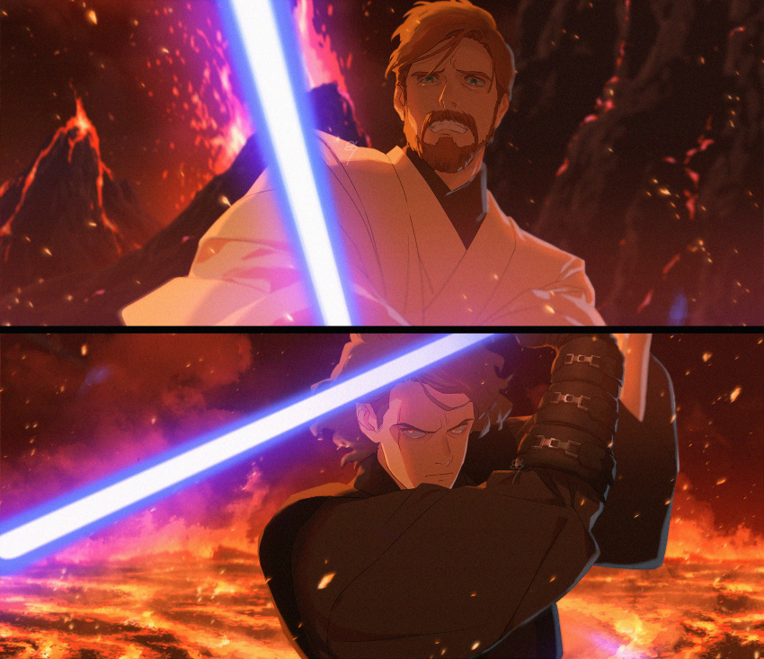 0109_(artist), 2boys, anakin_skywalker, beard, brown_hair, closed_mouth, commentary_request, dark