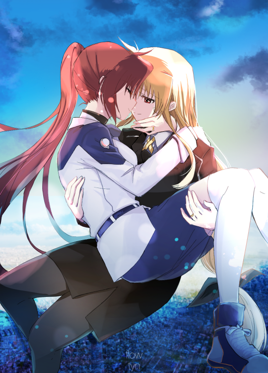 2girls, arm_around_neck, blonde_hair, brown_hair, carrying, city, closed_eyes, clouds
