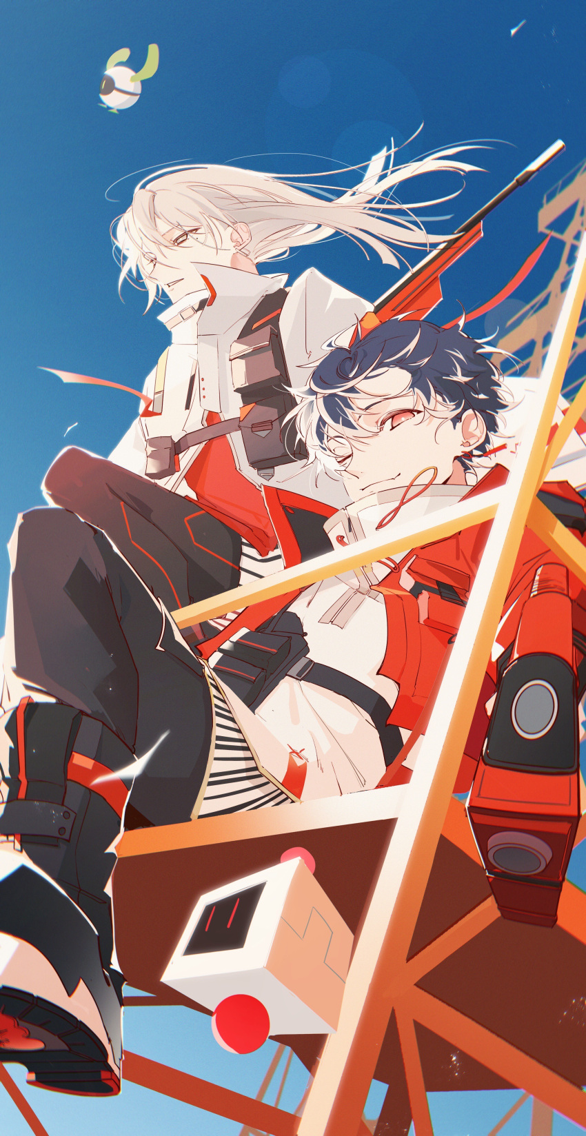 2boys, absurdres, accookie, bishounen, black_hair, blinking, chromatic_aberration, grey_eyes