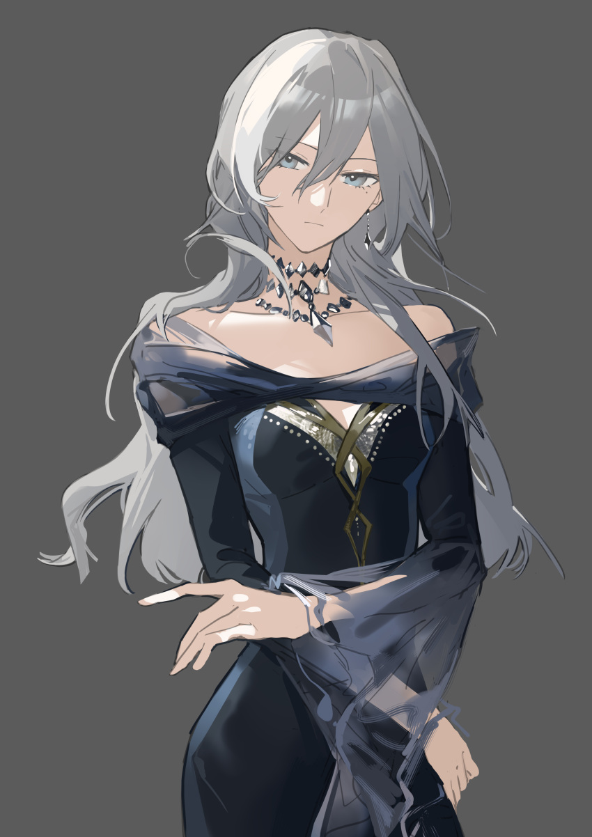 absurdres, alternate_costume, bare_shoulders, collarbone, dress, earrings, expressionless, genderswap, genderswap_(mtf), grey_eyes, grey_hair, hair_between_eyes, highres, idolish_7, jewelry, long_hair, long_sleeves, looking_at_viewer, necklace, off-shoulder_dress, off_shoulder, see-through, semi-transparent, single_earring, upper_body, wavy_hair, wide_sleeves, yhsg666, yuki_(idolish_7)