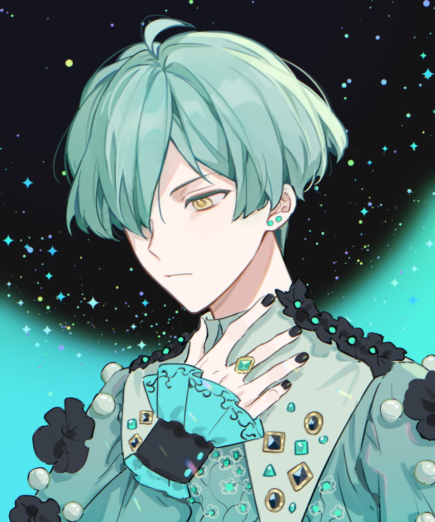 1boy, absurdres, ahoge, alternate_costume, aqua_hair, aqua_nails, aqua_skirt, bishounen